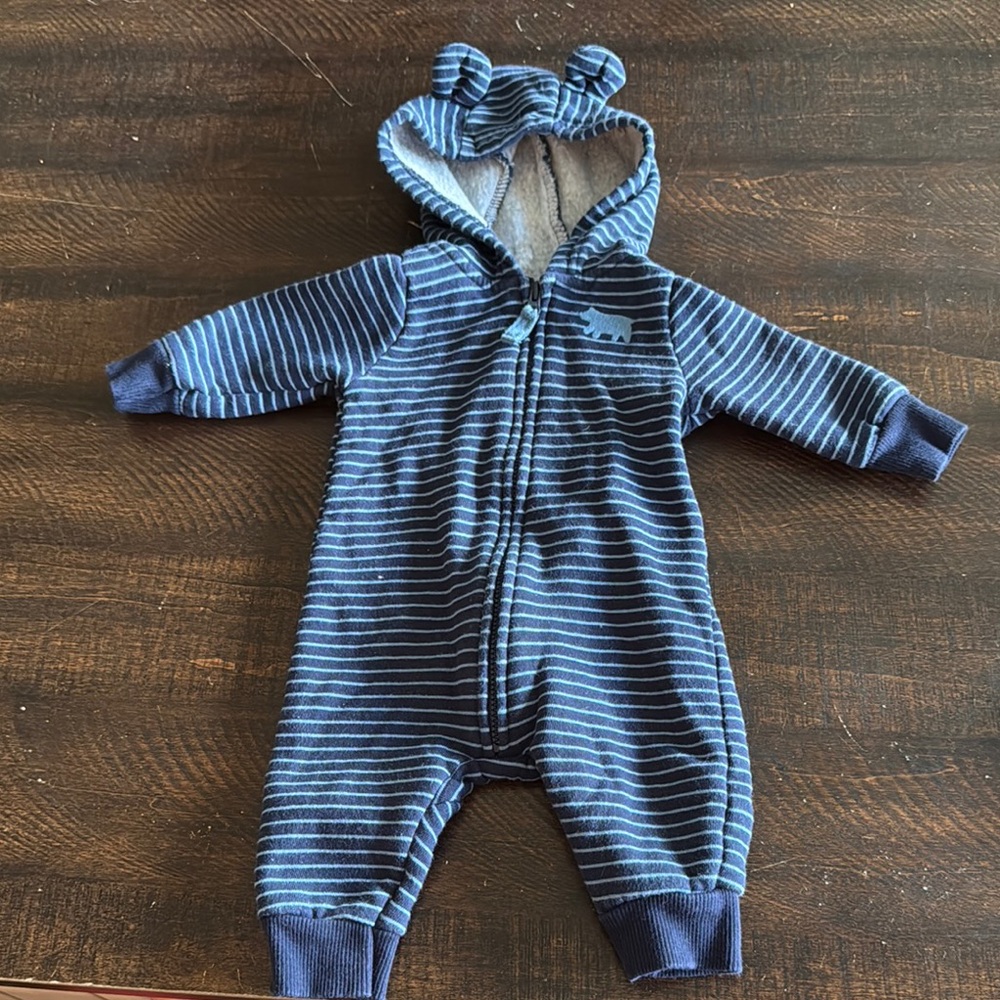 Carter's Blue Striped Hooded Bodysuit with Bear Ears